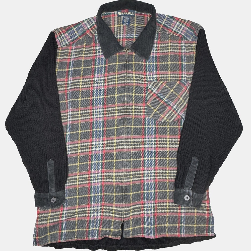 Vtg WEARALL Plaid Flannel Zip Up Long Sleeve Shirt‎ Jacket Mens L Corduroy Black